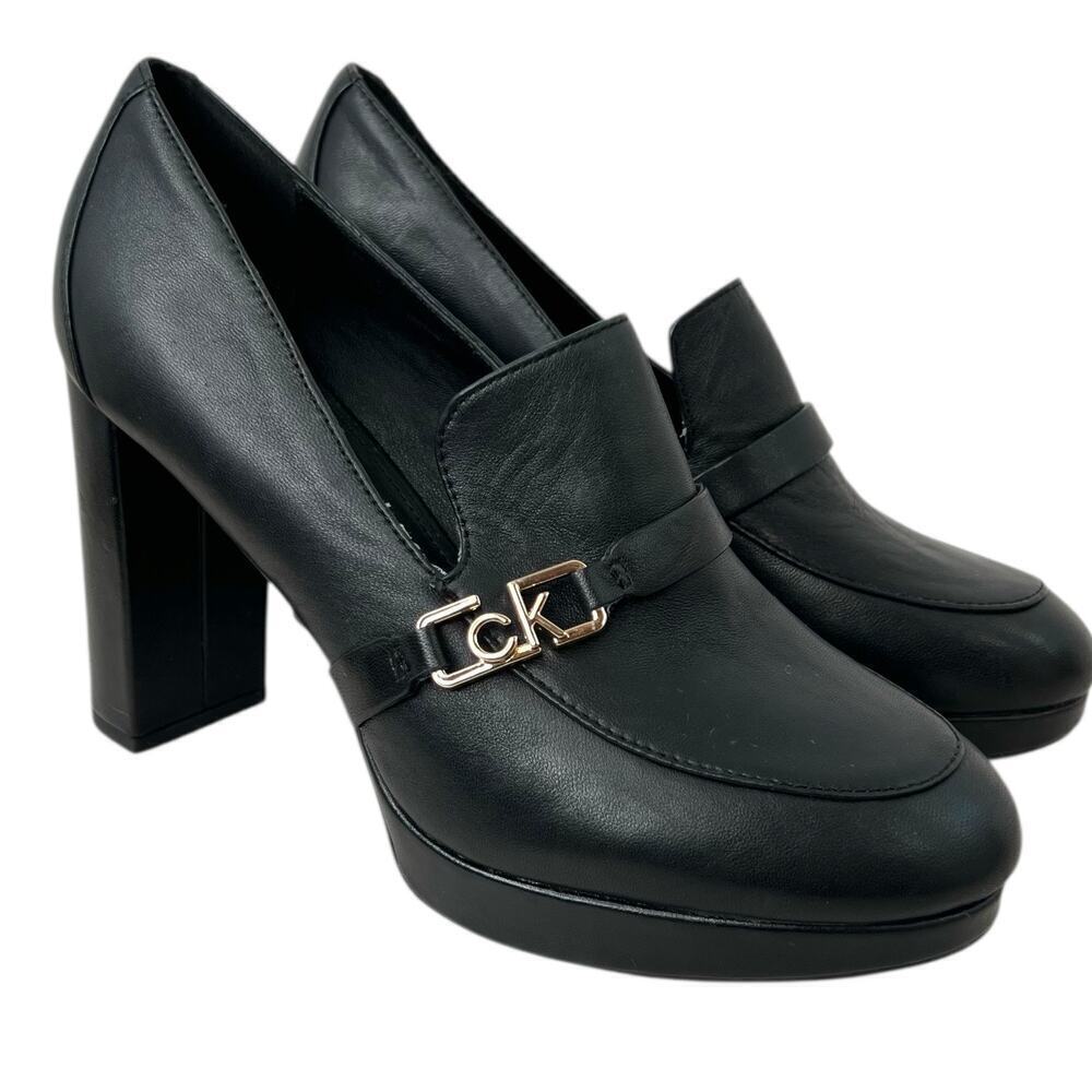 CALVIN KLEIN Pressy Platform Moc Leather Pumps 3" Heel in Black W's Size 7.5M - Picture 4 of 14